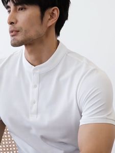 iymuymn Premium Chinese Collar Polo Shirts for Men Plain Short Sleeve Tops
