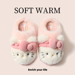 Dép Trẻ Em Bằng Vải Cotton Lót Lông Cừu HelloKitty Dễ Thương Cho Bé Gái Mùa Đông Ấm Áp Trong Nhà Đế EVA Đế Tròn Trung Bình