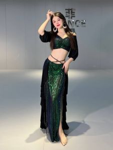 2025 New Belly Dance Practice Dress Mermaid Sequin Performance Costume Eastern Dance Class Uniform Womens Net Fabric Skirt