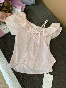 Áo Sơ Mi Nữ Tay Ngắn Ôm Vừa Vặn Họa Tiết Sọc Hồng Thắt Nút Vai Mùa Hè Nhỏ Nhắn Ngọt Ngào Thanh Lịch