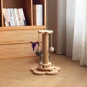 4 in1 Solid Wood Cat Scratching Post Natural Sisal Scratcher with Interactive Track Toys and Dangling Plush Ball Cat Toys