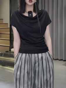 UYFY | Black Casual Short Sleeve Top Plus Size Summer Design Sensation Slimming Versatile Meat Concealing Commute Style Korean Version