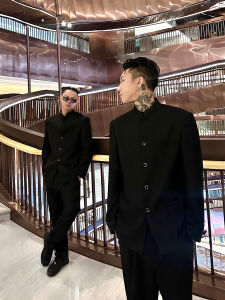 ชุดสูทคอตั้งสไตล์จีนสำหรับเยาวชน ชุดทำงานผู้ชาย สีพื้น คอกลม แขนยาว ปกติ ชุดทำงาน ชุดราตรี ชุดลำลอง ผ้าฝ้ายผสมโพลีเอสเตอร์