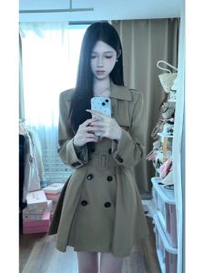Korean Style Khaki Short Coat Jacket Womens Spring Autumn New Small Size Waist Inward Slimming Coat Belted Commute Fashion