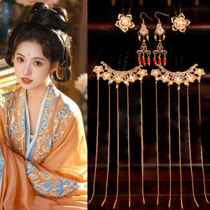 Tang Song Ming Dynasty Plated Hairpin Comb Hair Crown Tassel Hairpin Jewelry Set Court Retro Earrings U Hairpin Accessories