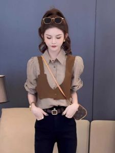 Áo Sơ Mi Nữ Tay Dài Dệt Kim Mùa Xuân 2025 Áo Khoác Ngoài Giả Hai Mảnh Cổ Polo Phong Cách Hàn Quốc Dài Thường