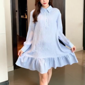 Womens Classic Striped 3/4 Sleeve Knee Length Dress With Shirt Collar and Buttons L2425