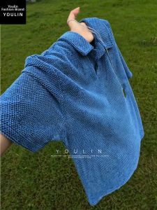YOULIN | Klein Blue Scale Pattern Short Sleeve T-Shirt Summer Seagull Collar Textured American Retro