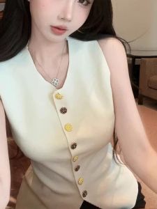 French Style Sleeveless Knitted Open Cardigan Vest Womens Outerwear Summer New Small Fragrance Wind Short Layering Base Shirt