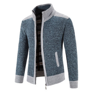 Autumn Winter Male Sweater Coat Knit Jumpers Fleece Warm Jacket Korean Mock Collar Patchworked Zip Windbreaker Mens Overcoat