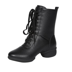 Fall Winter Soft Bottom mid Heel Dance Shoes Womens Fleece Lined High Top Dance Boots Adult Soft Leather Square Dancing Shoes