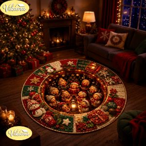 VIKAMA Christmas Round Rug Soft Non Slip Festive Design Carpet for Bedroom and Living Room Washable Cozy Holiday Home Decor