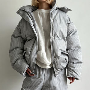 2026 Winter New Fashion Warm Stripe Loose Edition Drawstring Cotton Jacket Womens Long Sleeve Hooded Button Zipper Jacket