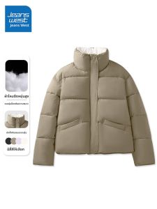 แจ็คเก็ตคอตั้งบุขนแกะหนาสำหรับผู้หญิง เสื้อโค้ทผ้าฝ้ายแบบสั้น เสื้อผ้าผู้หญิงฤดูหนาว แจ็คเก็ตแบบมีฮู้ด ปกโปโล ซิป