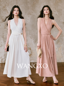 WANGXO | Đầm Len Thêu Hoa Văn Bạc Dрапéd Cổ V