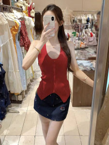 YUEZHONGWEI | Red V-Neck Off-Shoulder Knit Halter Top