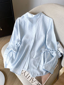 Blue White Ice Silk Sun Protection Shirt Womens Style Summer Lightweight Open Cardigan Tie Bow Wrap Back Split Blouse Outfit