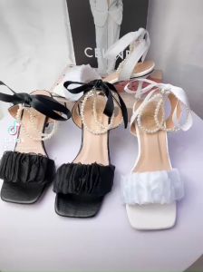 Giày cao gót nhọn 7p quai dún ren cổ vòng hạt châu khóa gài thắt nơ sau gót-SD15