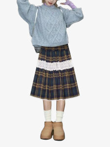 Váy Chữ a Cạp Cao Họa Tiết Kẻ Caro Ren Khoét Rỗng Váy Nữ Xuân Thu Đa Năng Váy Nửa Thân Trên Phong Cách Thiết Kế Váy Tagkita