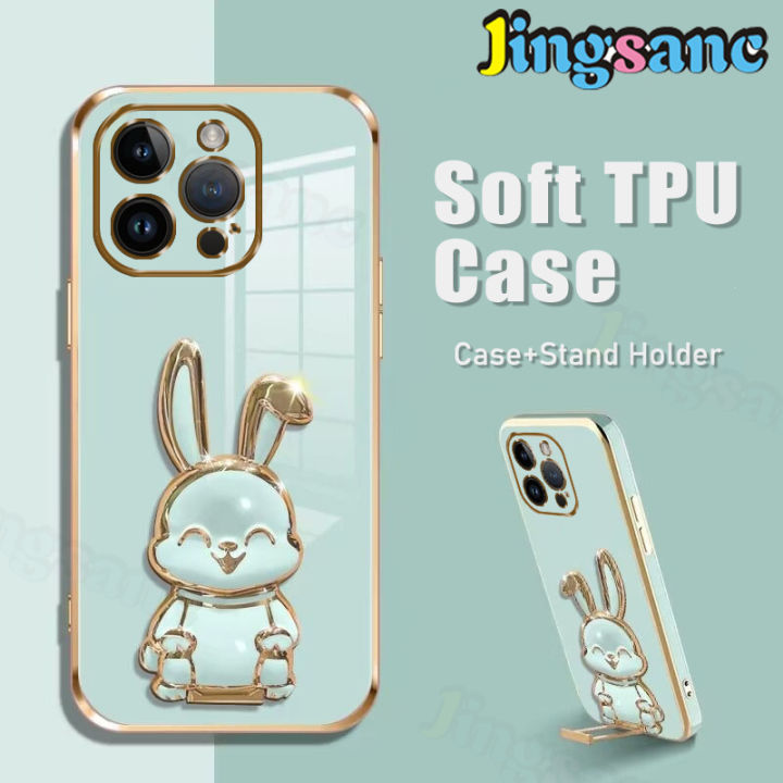 Jingsanc For Infinix Smart 8/Infinix Smart 8 Pro Bracket Casing Electroplated Silicone Cute Phone Case With Rabbit Stand Holder Soft SiliconeTPU Back Cover a01-1