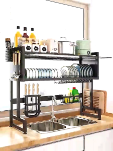 IMUTO Dish Cabinet Rack With Cover Multi-functional Plate/Sink Organizer Drainer Kitchen Organizer Plate Drying Rack Metal Dish Cabinet Rack Dustproof Sink Rack With Cabinet Door
