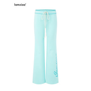 iamxiaa | Quần jogger cotton màu xanh lá mạ mát lạnh eo thấp dây rút in hoa văn gai ôm dáng xòe nhẹ