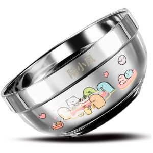 ชามกินข้าวเด็กแบบกันร้อน ชามกินข้าวแบบกลมลายการ์ตูน ชามกินข้าวแบบสองชั้น วัสดุสแตนเลส 304 ระดับอาหาร ชามกินข้าวแบบป้องกันความร้อน