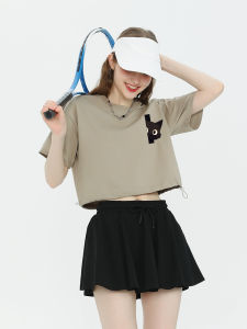 เสื้อยืดคอกลมแขนสั้นเอวสูงสีคาเฟ่สำหรับผู้หญิง แฟชั่นฤดูร้อน ทรงเข้ารูป ผ้าฝ้าย 100% ทรงเข้ารูป ทรงเข้ารูป