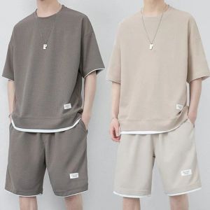Ice Silk Quick Dry Thin Summer Set for Men Casual Sports Five-Part Pants Short Sleeve Shorts T-Shirt Teenager Suitable
