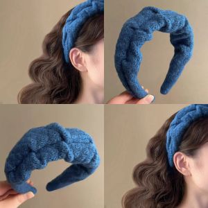 Retro Klein Blue Wool Hairband Womens High Forehead Pleated Wide Edge Hairband Elegance Face Washing Hair Clip Autumn Winter Hair Accessories
