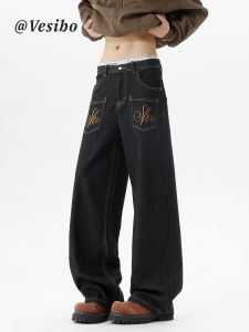 VESIBO | Washed Embroidered Denim Trousers High Street Wide Leg