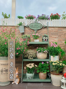 European Style Foldable Multi-Layer Balcony Iron Art Flower Stand Indoor Vintage Shelf Old Style Succulent Plant Stand