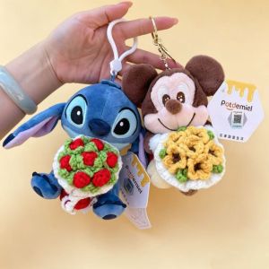 Classic Anime Genuine Stitch Micky Mouse Plush Dolls Holding Crochet Flowers Keychains Small Pendant Back Hangings Perfect Gifts