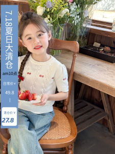 Girls Knitted Cotton Yarn Short Sleeve Sweater Embroidered Twisted Pattern Spring Autumn New Style Childrens Cherry Pattern Knitwear