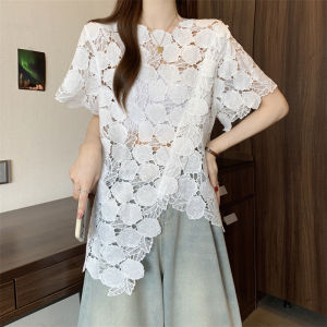 AIYITI | Irregular Cutout Lace Blouse Plus Size Loose Tummy Cover Short Sleeve Top