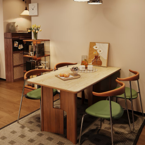 Modern Minimalist Dining Table Wooden Rock Panel Cave Stone Milk Cream Beige Living Room Home Small Model Eating Table