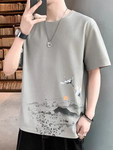 Playboy Mens Short Sleeve T-Shirt Fashionable Printed round Neck Summer Trendy Brand Youth Casual Loose Fit Anti-Wrinkle Polyester