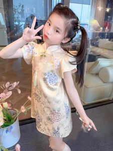 Princess Style Bubble Sleeve Tunic Dress for Girls Summer Season Chinese Style Cheongsam Skirt with Fringe for Kids