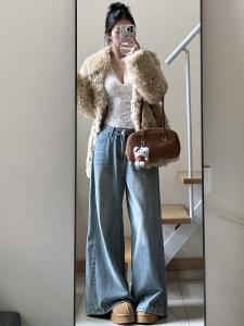 American Retro High Waist Draped Wide Leg Jeans Womens Autumn Winter New Loose Slimming Straight Floor-Length Pants