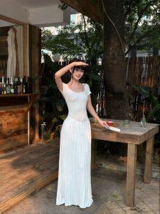 VENUIE | Elegant Luxury White Short Sleeve Fitted Waist Square Neck A-Line Dress