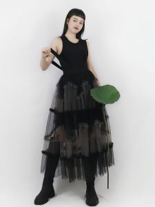 TeaTree Sweet Cool Fairy Long Skirt High Waist Asymmetric Net Gown Design Sense Shoulder Strap Half Body Skirt Nylon Fiber