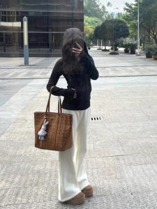 กางเกงขายาวทรงหลวมเอวสูงผ้าฝ้ายผสมสำหรับผู้หญิง ฤดูใบไม้ร่วง/ฤดูหนาว กางเกงขายาวทรงหลวมสไตล์อเมริกัน ทรงขากระบอกเล็ก ทรงลำลอง อบอุ่น