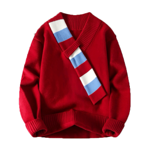 2025 Red Knitted Color Block Scarf V-Neck Men Women Couple Style Sweater Warm Casual Loose Fit Striped Pattern T-Shirt
