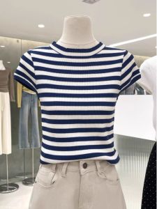 Korean Style Blue Striped round Neck Short Sleeve Ice Silk Knitted Shirt Women Summer Slimming Versatile Shoulder Level Top