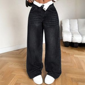 Quần Jeans Nữ Ống Rộng Cạp Thấp Phong Cách Y2K Chất Liệu Denim Kiểu Dáng Xu Hướng Cổ Điển Thoải Mái Có Túi.
