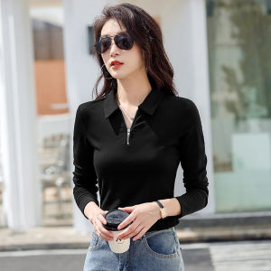 Fashion Lapel Long Sleeve T-shirt for Women Korean Style Womens Clothing Autumn Winter Solid Color Stretch Zipper Slim Polo Shirt Casual All-matching Short Top Plain Polo Collar Blouse