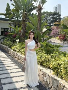 French Style Shoulder Bared White Dress Womens Beach Holiday Atmosphere Super Fairy Long Dress High Waist Soft Polyester Summer Dress