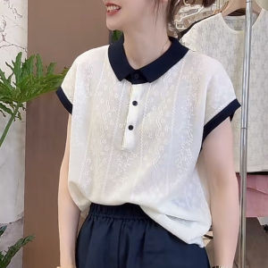 Shalldoer | Chic Korean Style Womens Summer Design Sensation Embroidered Collar Color Block Short Sleeve Casual Shirt Shorts Two Piece Set