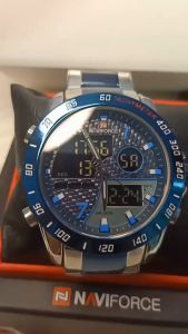 Jam Tangan Pria Original Naviforce 9171 Dualtime Sports Rantai Stainless Steel Anti Karat Dan Air