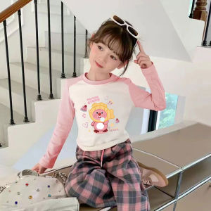100% Pure Cotton Girl Bottoming Shirt Long Sleeves T-shirt Patchwork Spring and Autumn Fashionable Kids Baby Short Inner Tops